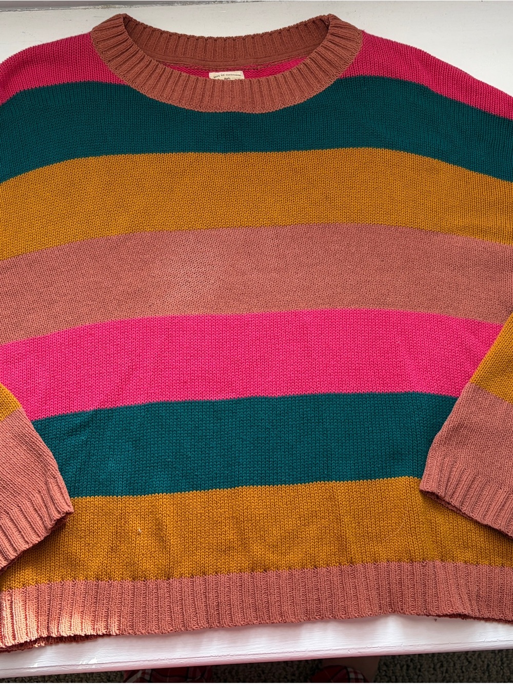 Billabong Striped Crewneck Sweater - Hot Pink, Teal, Mustard, Dusty Rose